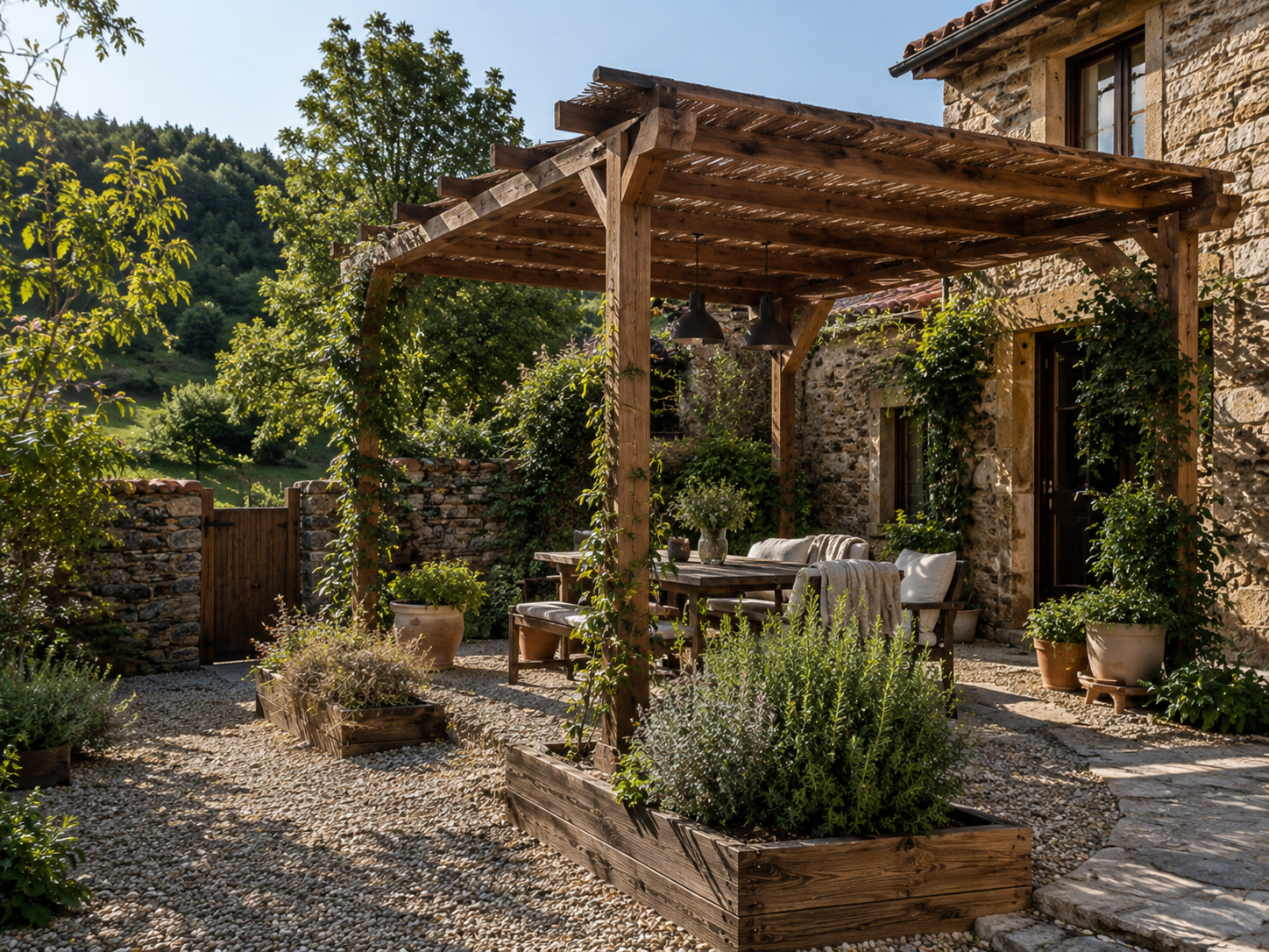 Pérgola de madera en patio de casa rural