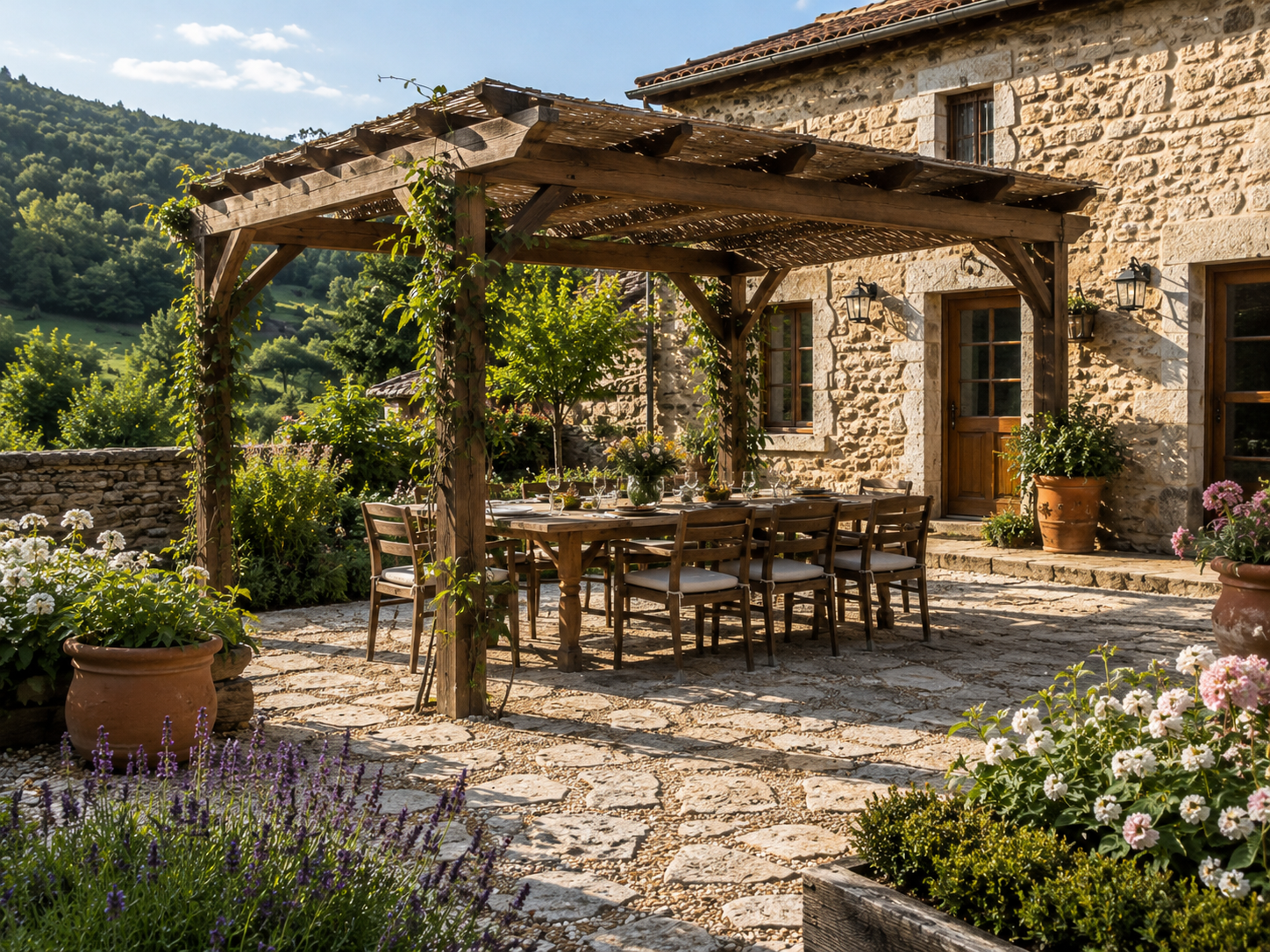 Pérgola de madera con comedor exterior