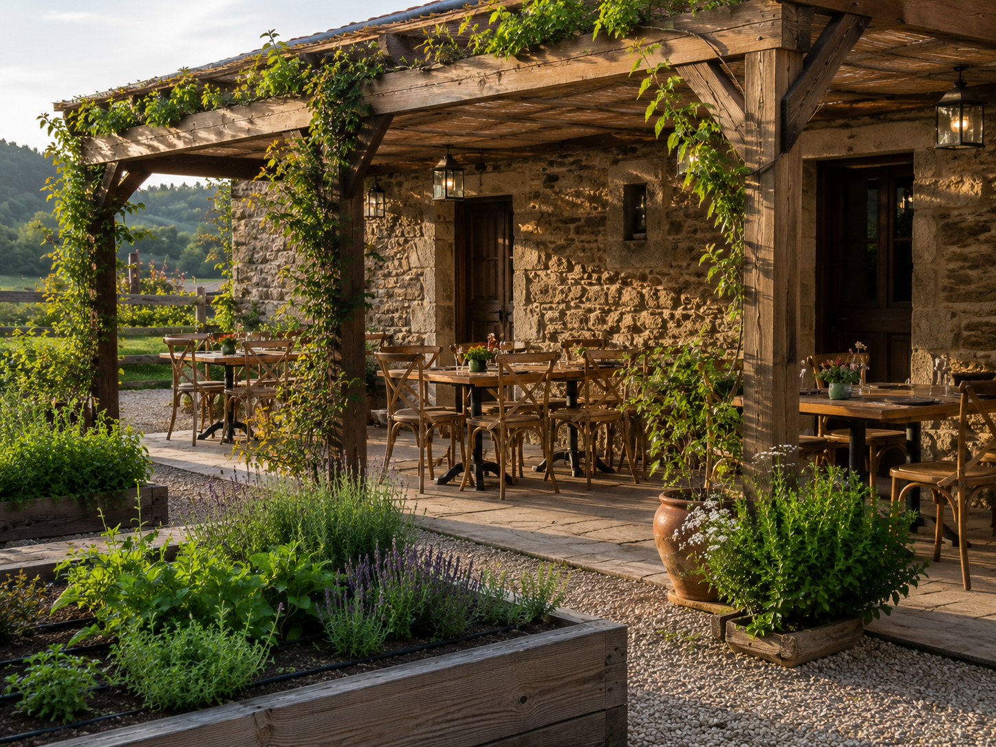 Pérgola de madera para negocio de restauración
