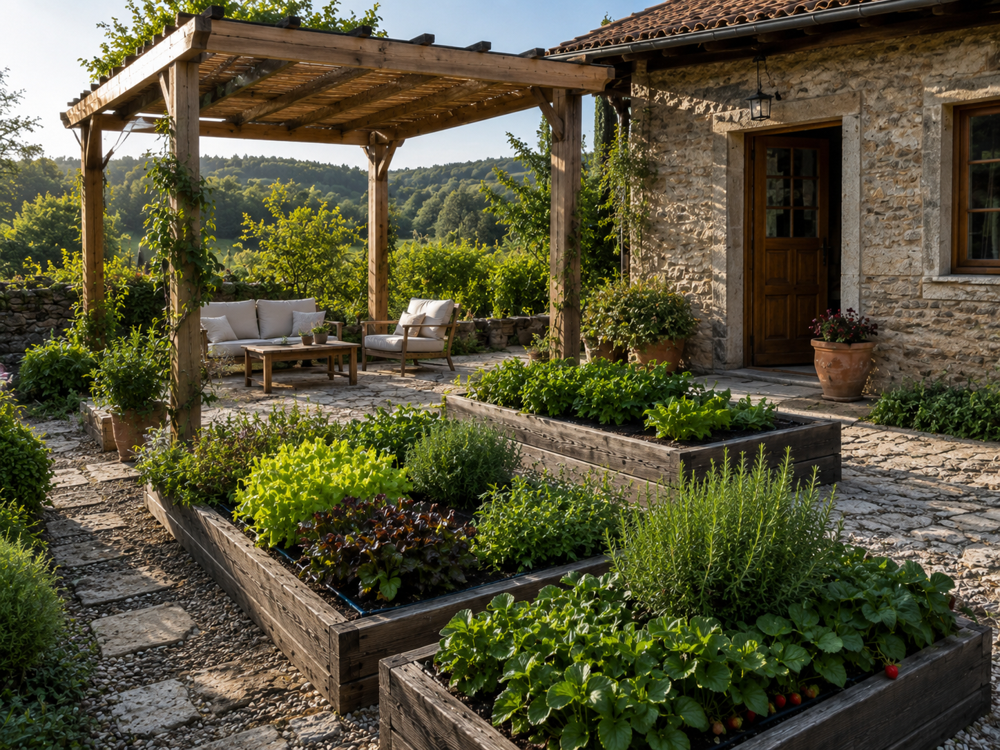Pérgola junto a bancales y zona ajardinada