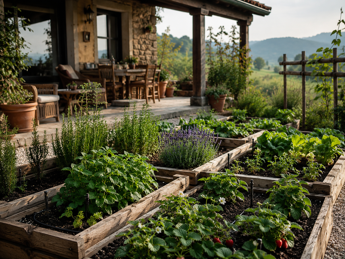 Huerto comestible para terraza rural